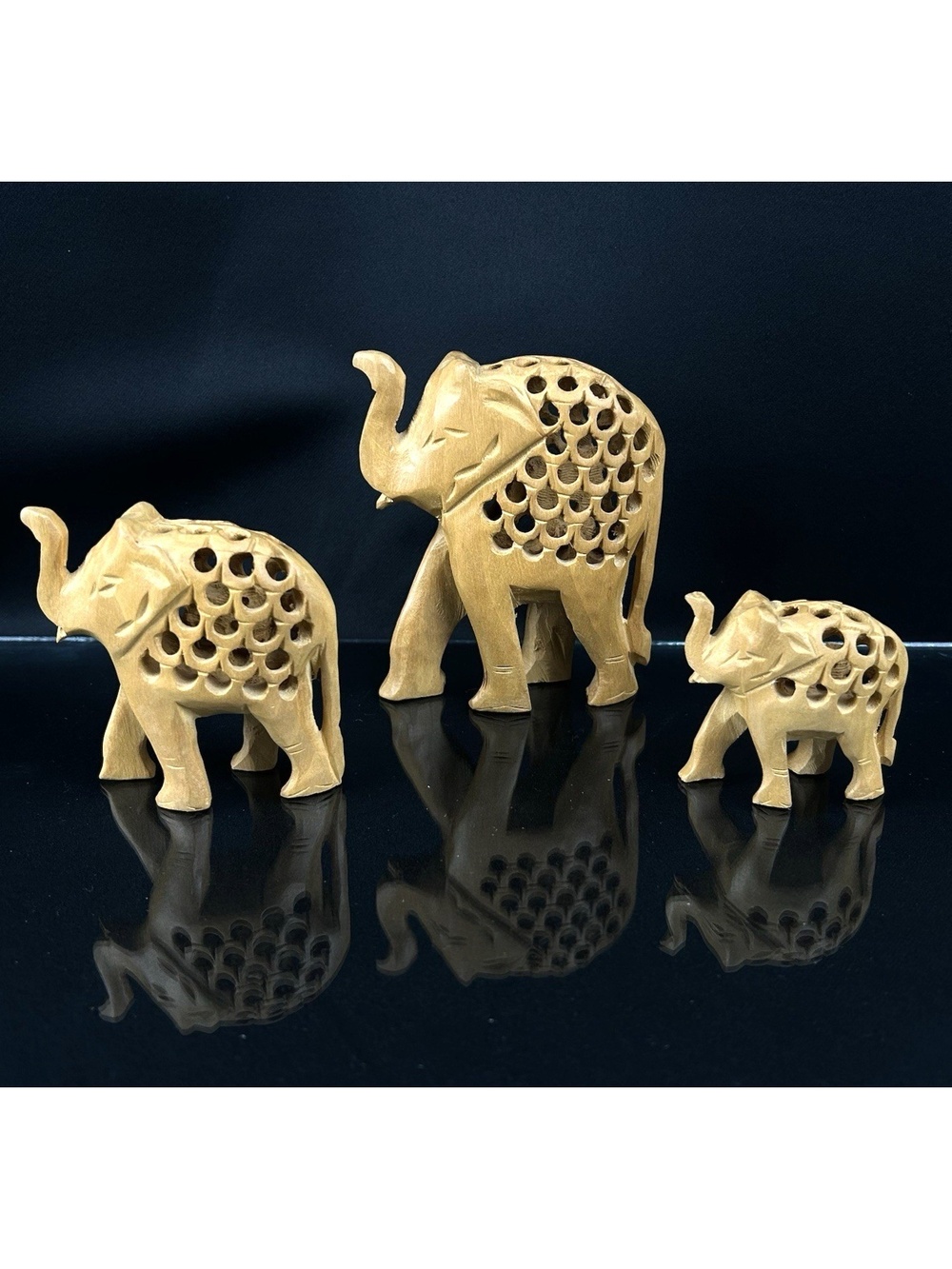 Vintage Hand-Carved Wooden Elephant Figurines Hollow